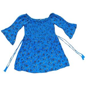 MATALAN Ditsy Floral Bardot Mini Dress Smocked Boho Bell Sleeve Blue Size Medium